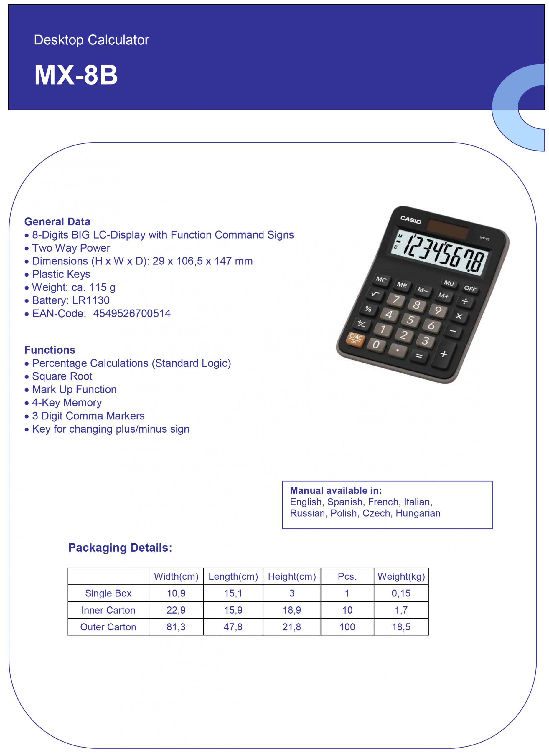 CASIO KALKULATOR MX 8 B - Slika 2